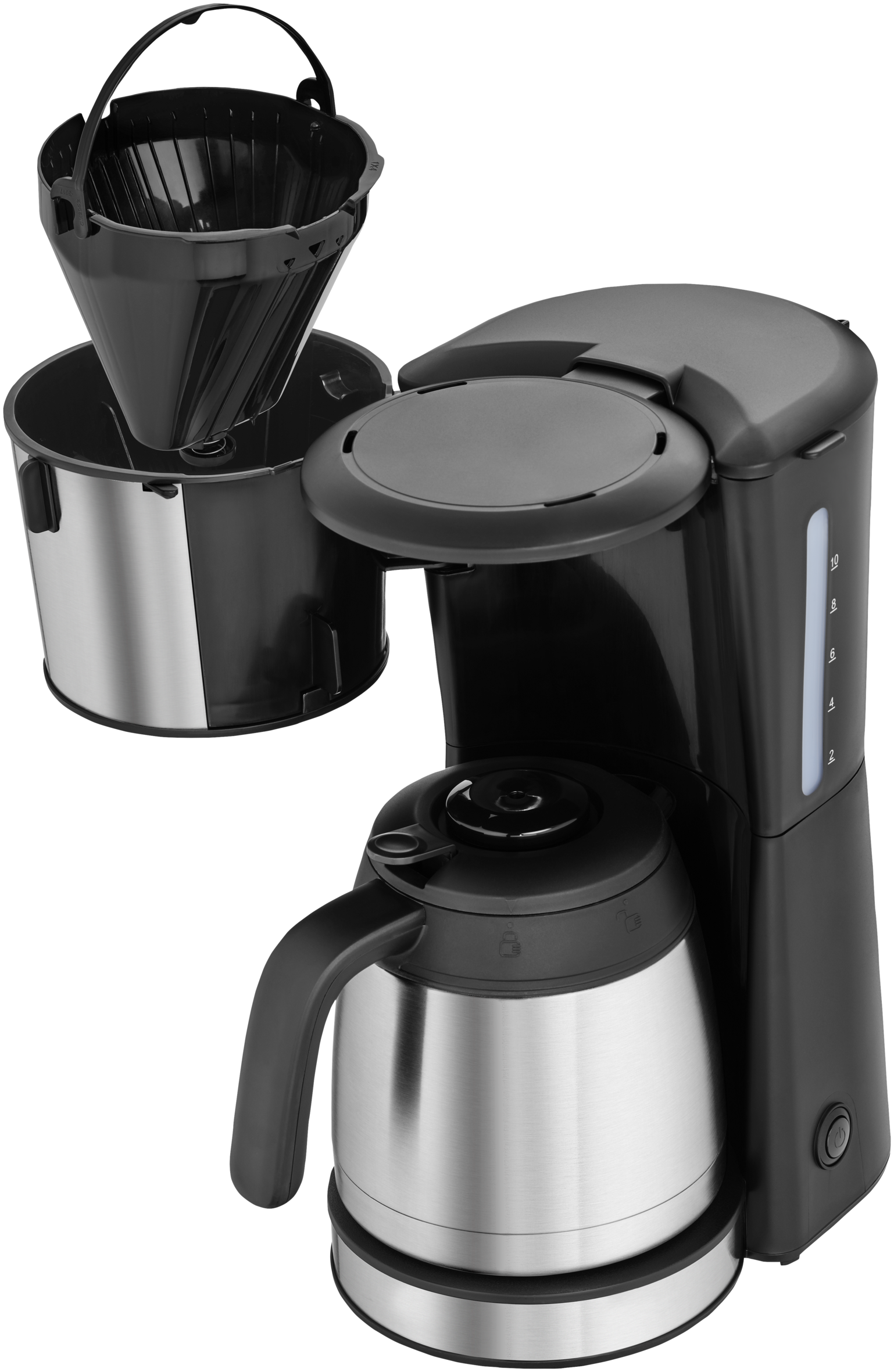 Schwarze Kaffeemaschine mit Thermokaraffe und abnehmbarem Filterkorb.