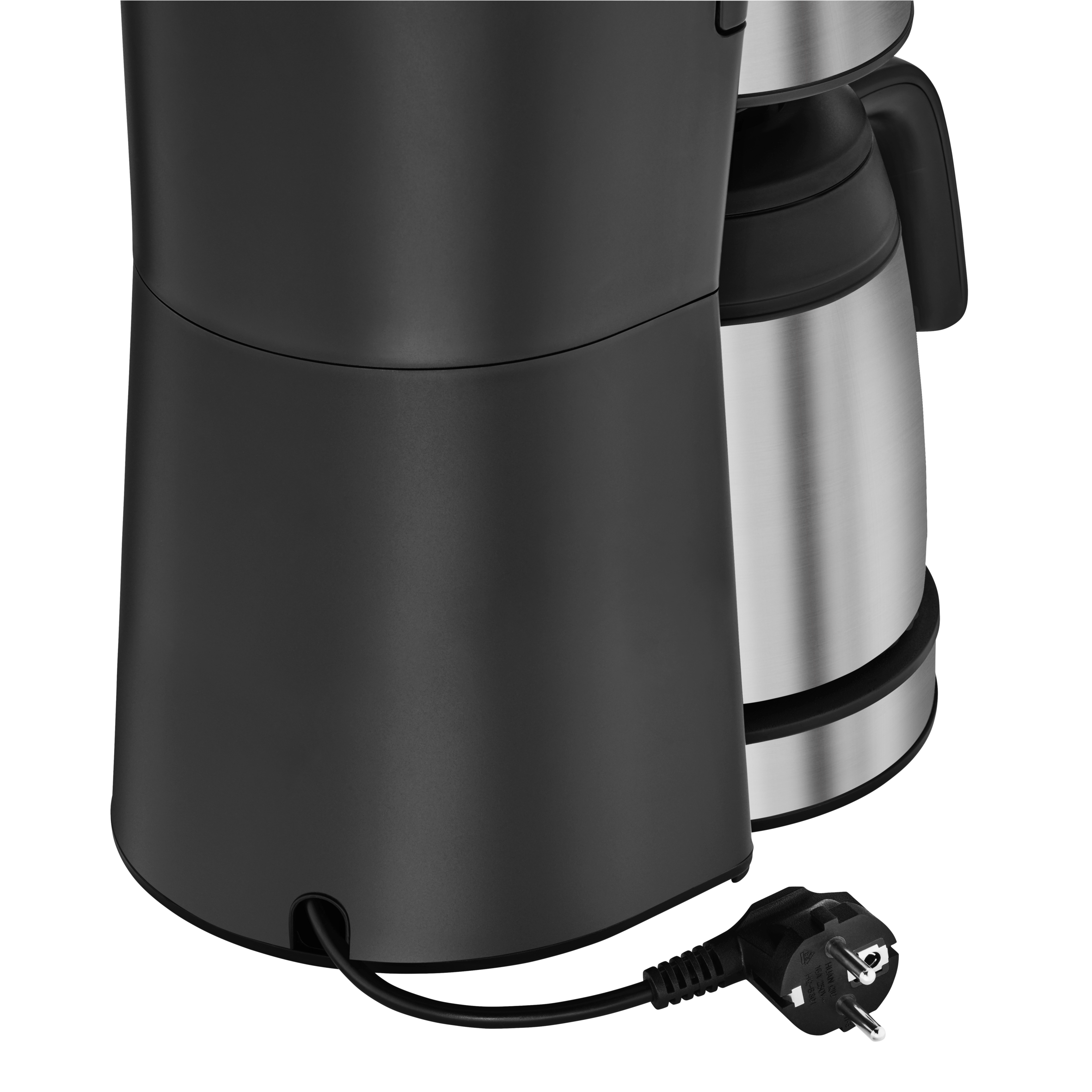 Schwarze Kaffeemaschine mit einer Edelstahlkaraffe. Schwarzes Netzkabel und Stecker.