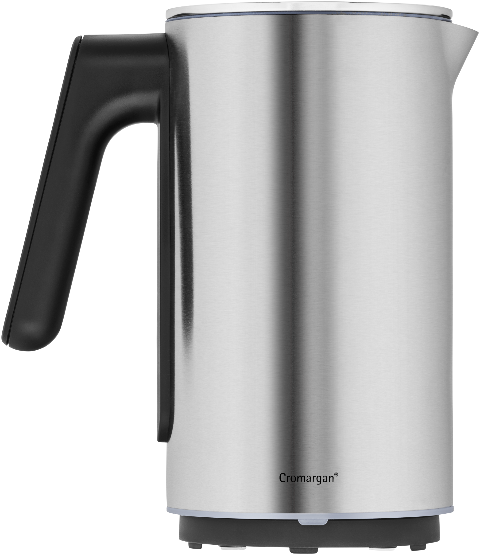Ein Wasserkocher aus Edelstahl mit schwarzem Griff.