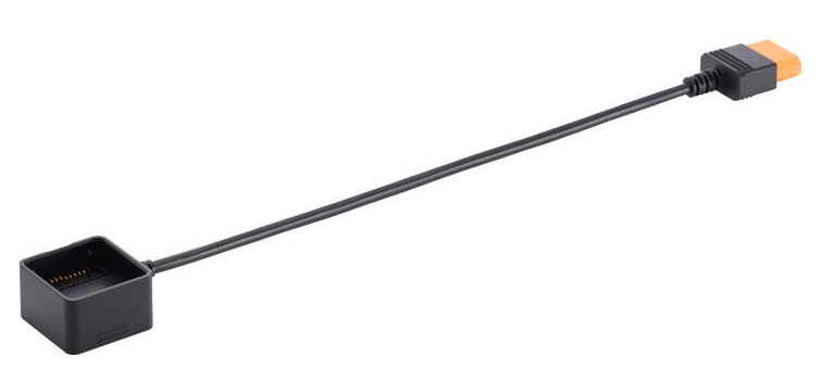 Czarny i pomarańczowy kabel, z kwadratowym czarnym złączem i czarnym prostokątem.