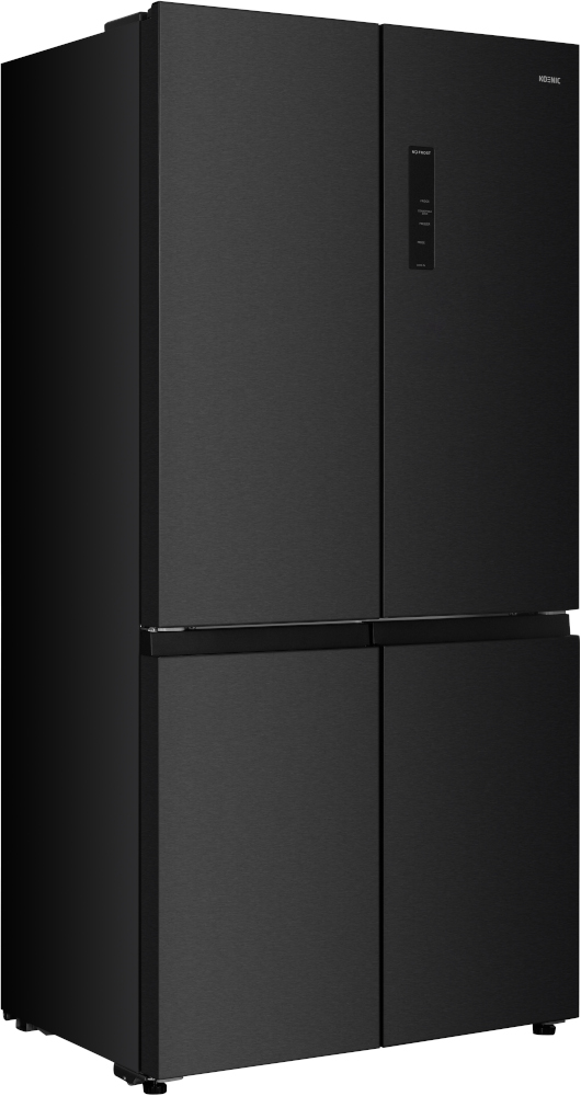 Black side-by-side refrigerator. Four doors, digital display, and a sleek design.