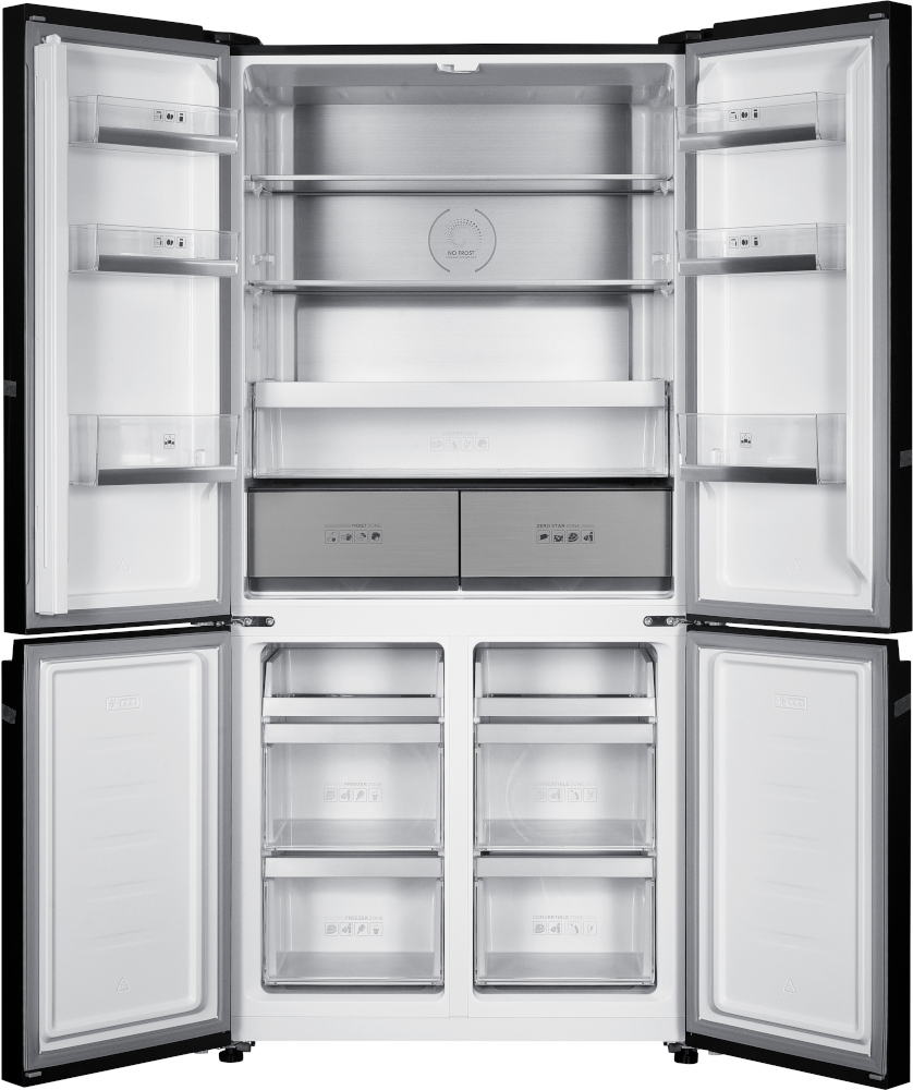 An open refrigerator with four doors reveals shelves, drawers, and a stainless steel interior.