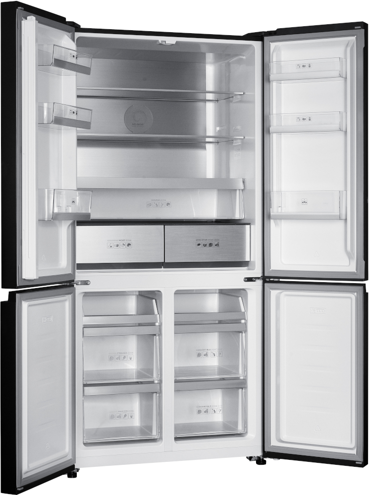Black refrigerator with opened doors, showing shelves, drawers, and organized contents.