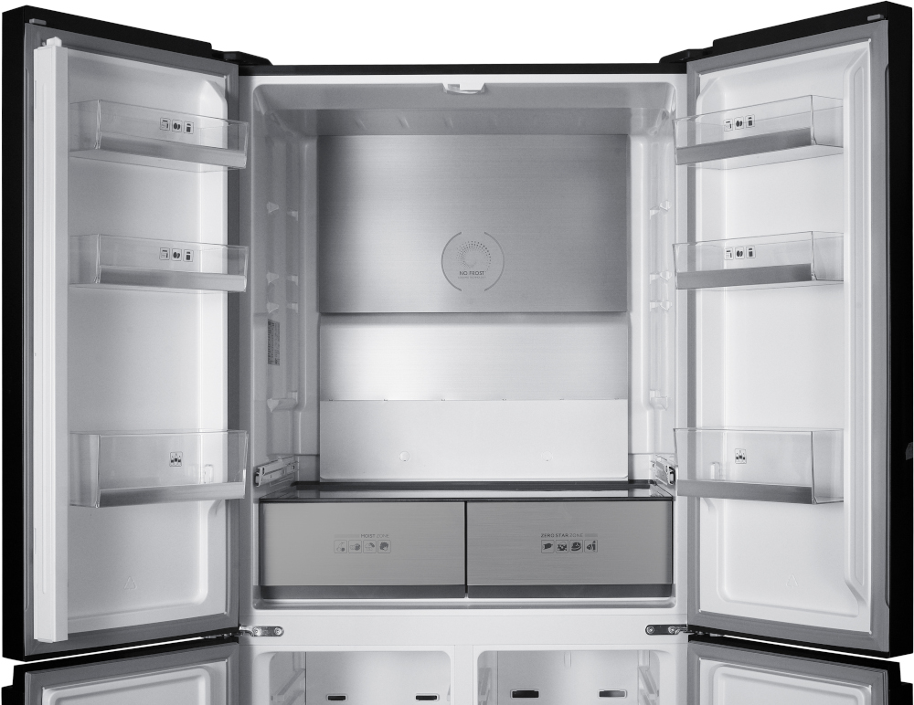 Open white refrigerator with multiple shelves and drawers, black edges.