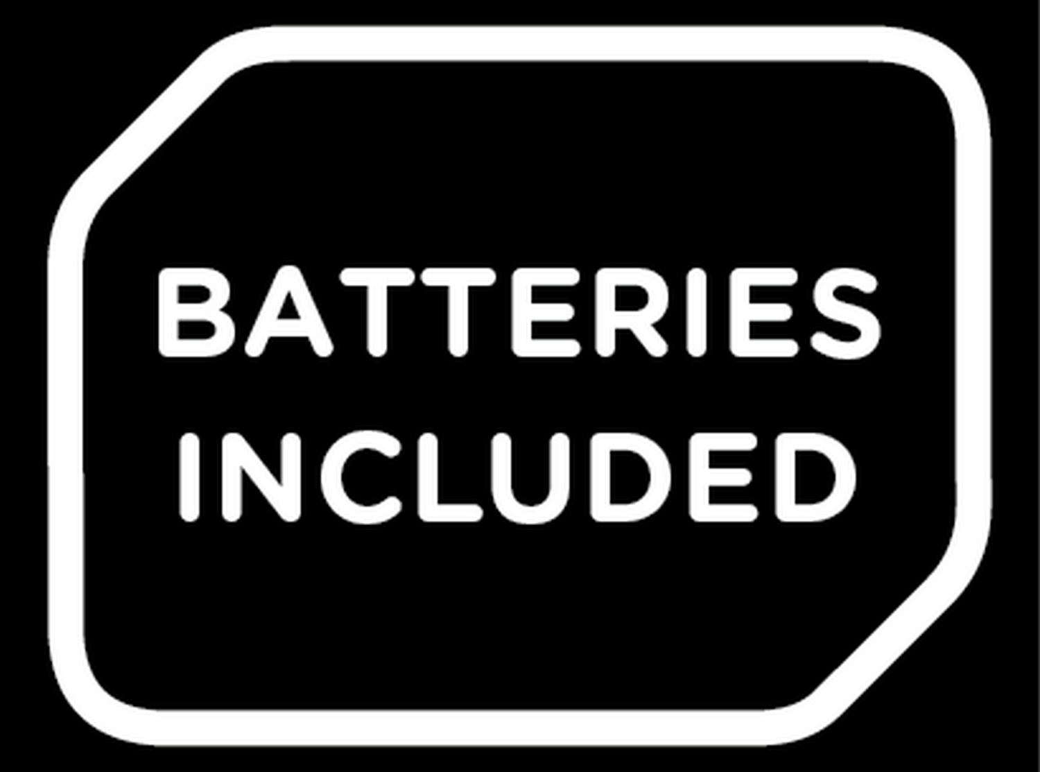 Un rectángulo blanco con el texto 'BATTERIES INCLUDED' en letras blancas en negrita sobre fondo negro.