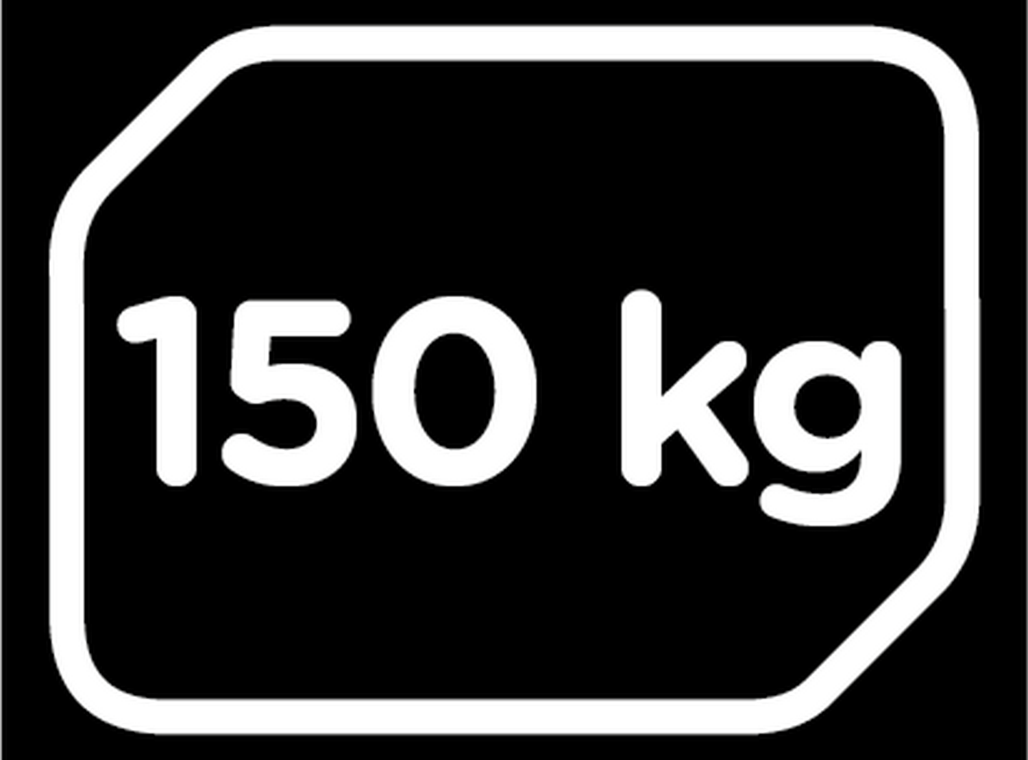 Letrero blanco con el texto '150 kg' en negro. Fondo negro, contorno blanco.