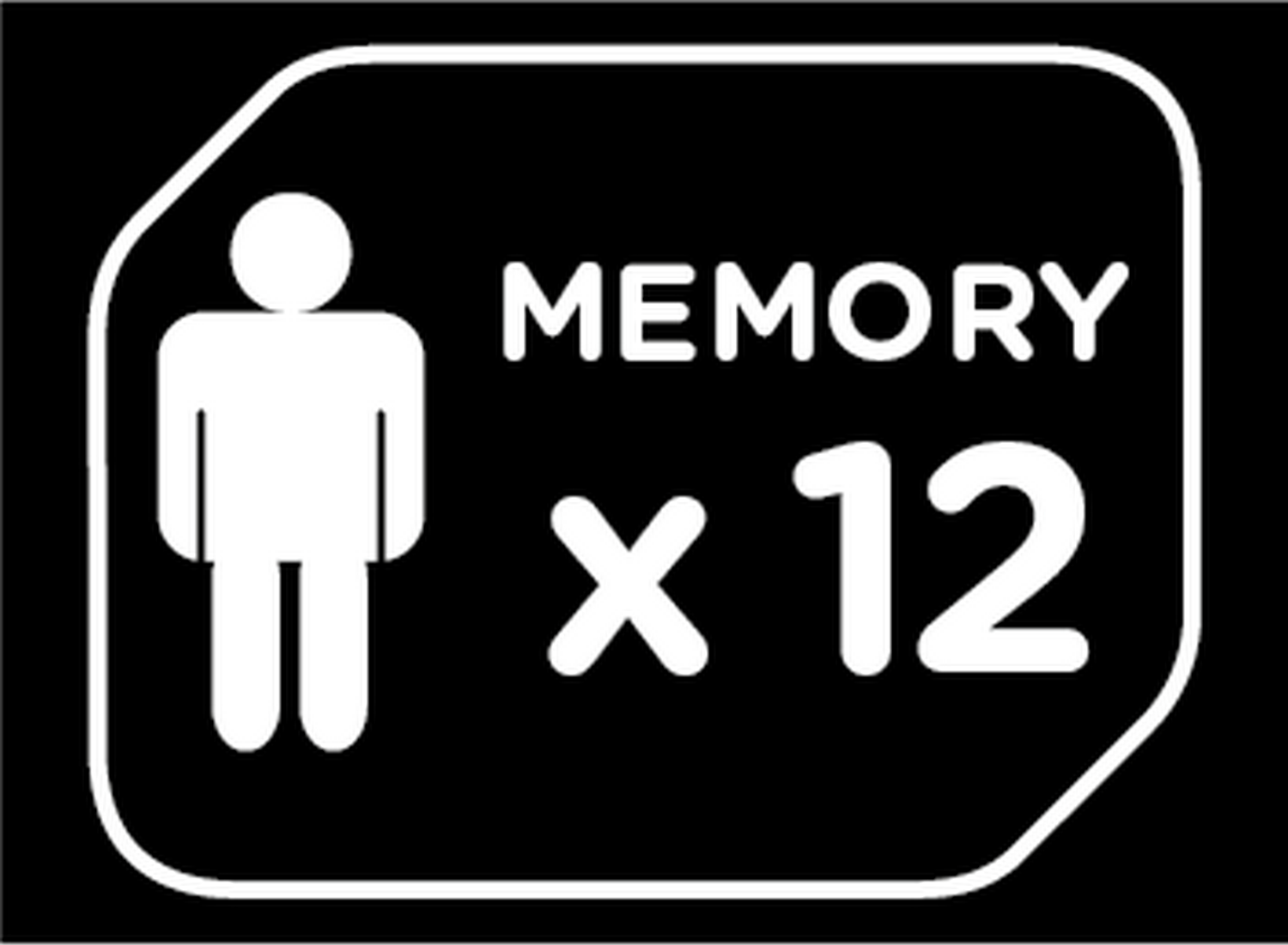 Icono blanco de una persona, con el texto 'MEMORY x 12' dentro de un rectángulo blanco redondeado.