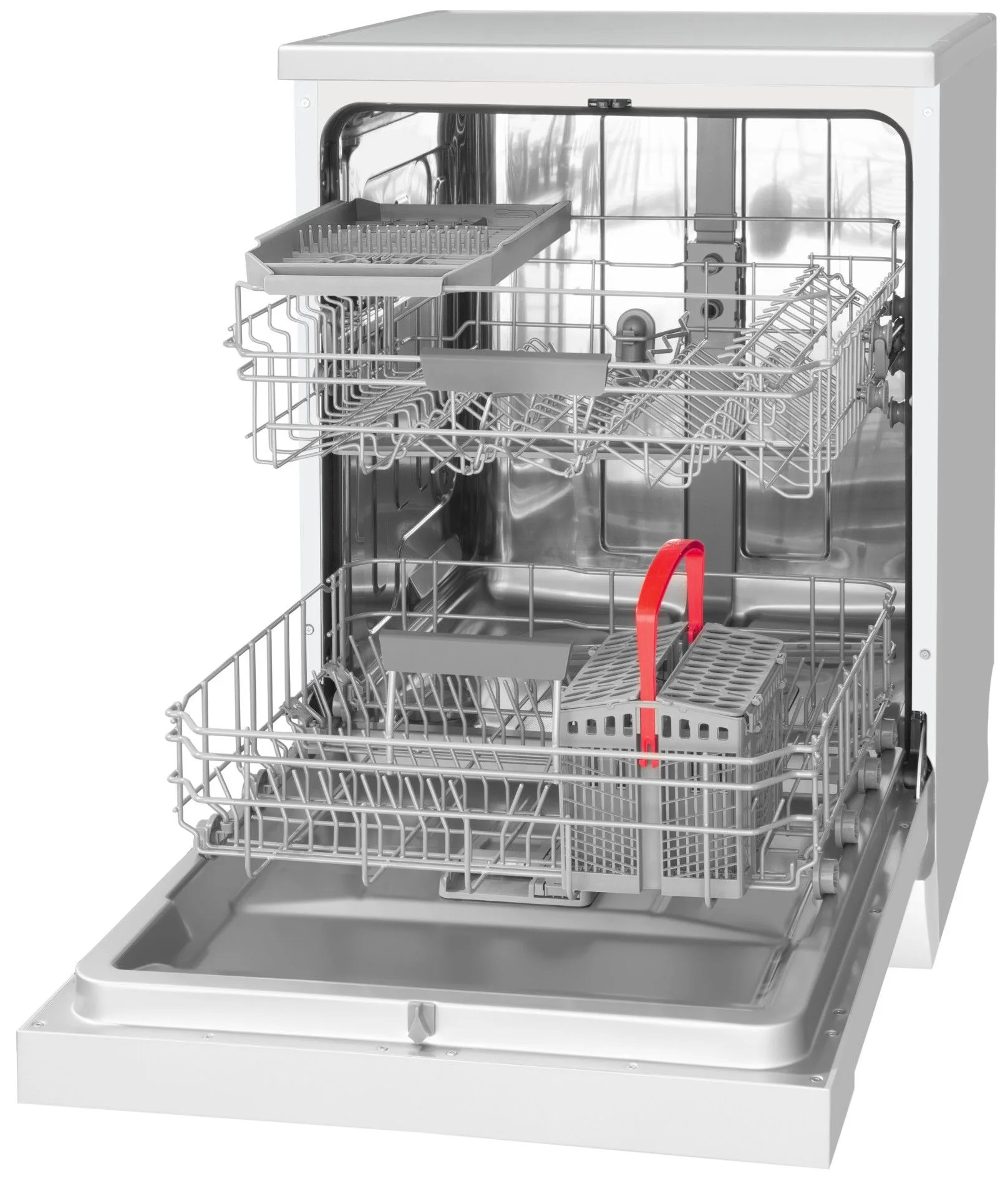Otwarta biała zmywarka z trzema koszami. Srebrne kosze mieszczą wiele przedmiotów, w tym czerwony uchwyt na sztućce.