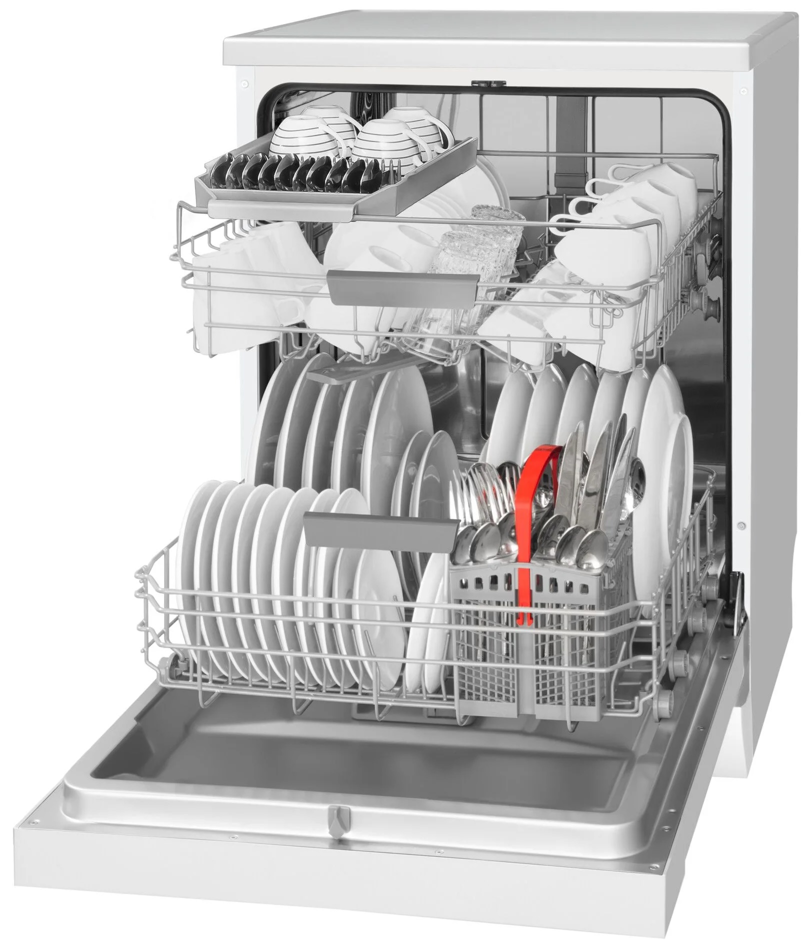 Zmywarka z otwartymi drzwiami, wypełniona naczyniami, szklankami i sztućcami.