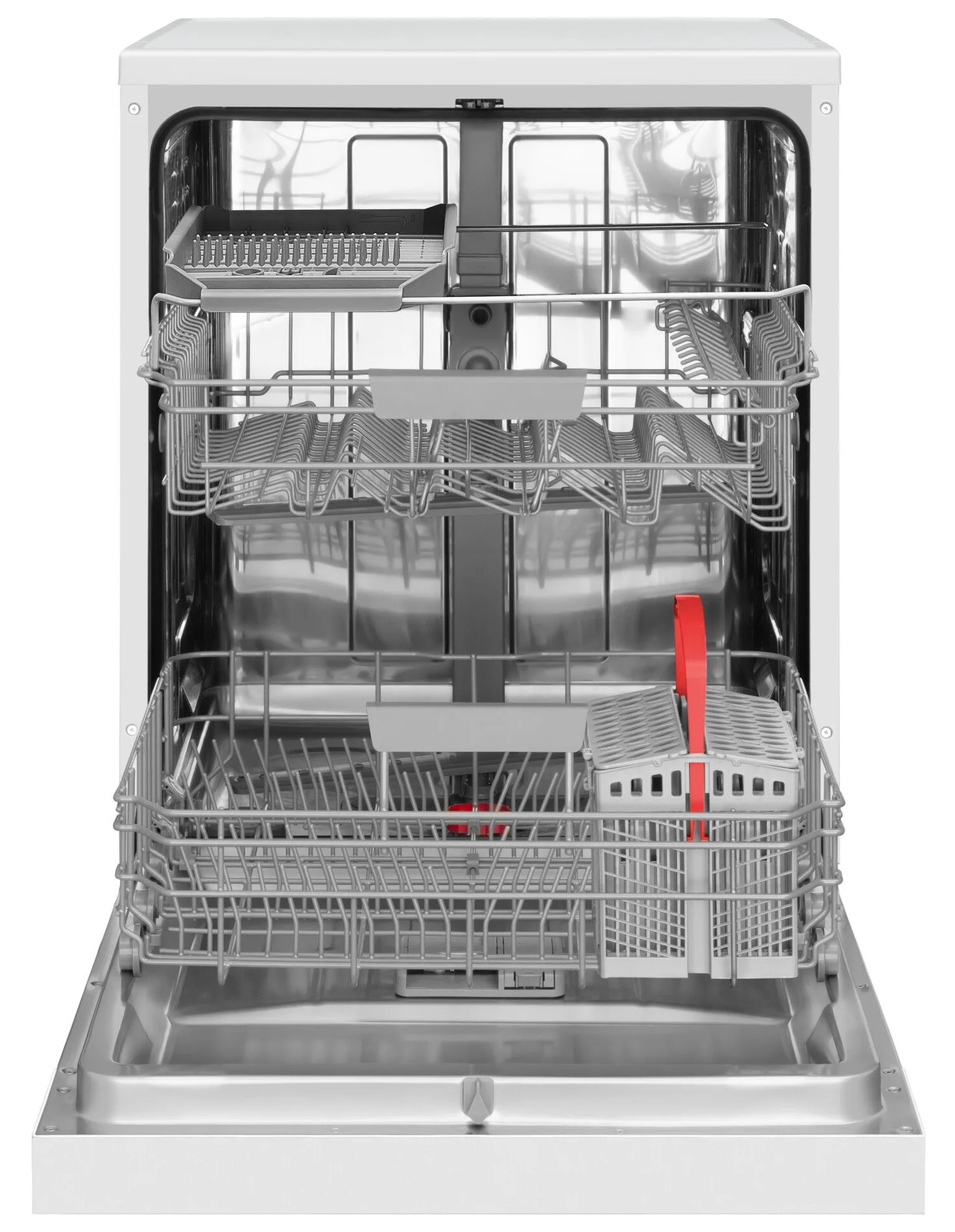 Biała zmywarka z otwartymi drzwiami, pokazująca wewnętrzne kosze.