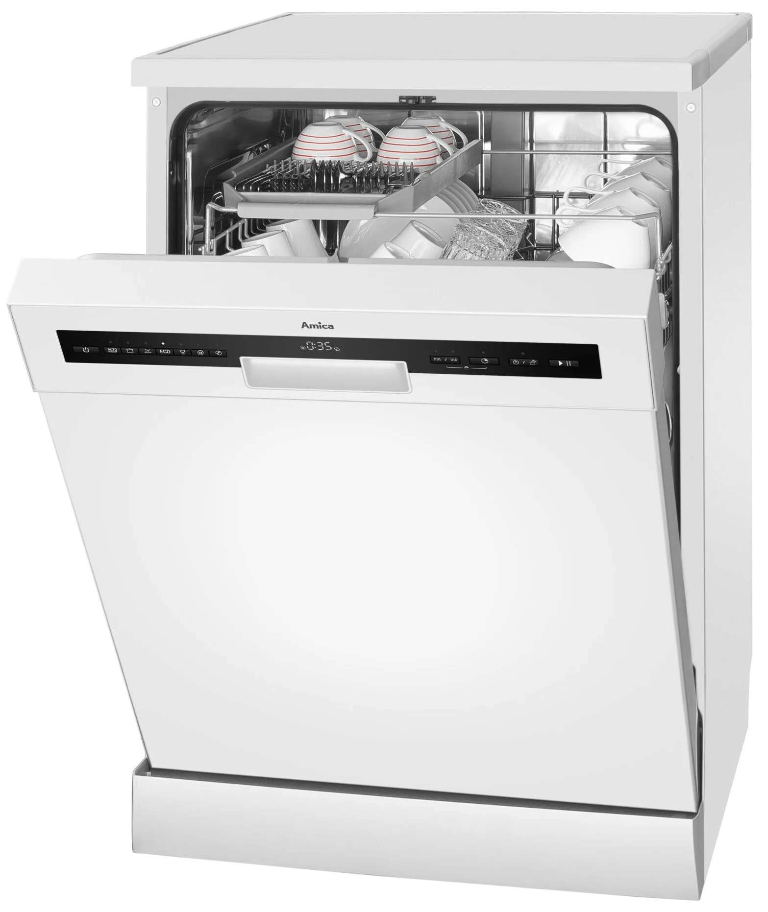 Biała zmywarka z otwartymi drzwiami, pokazująca naczynia w środku.