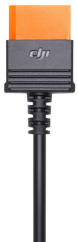 Kabel DJI z pomarańczową końcówką, czarne złącze, czarny kabel, zbliżenie.