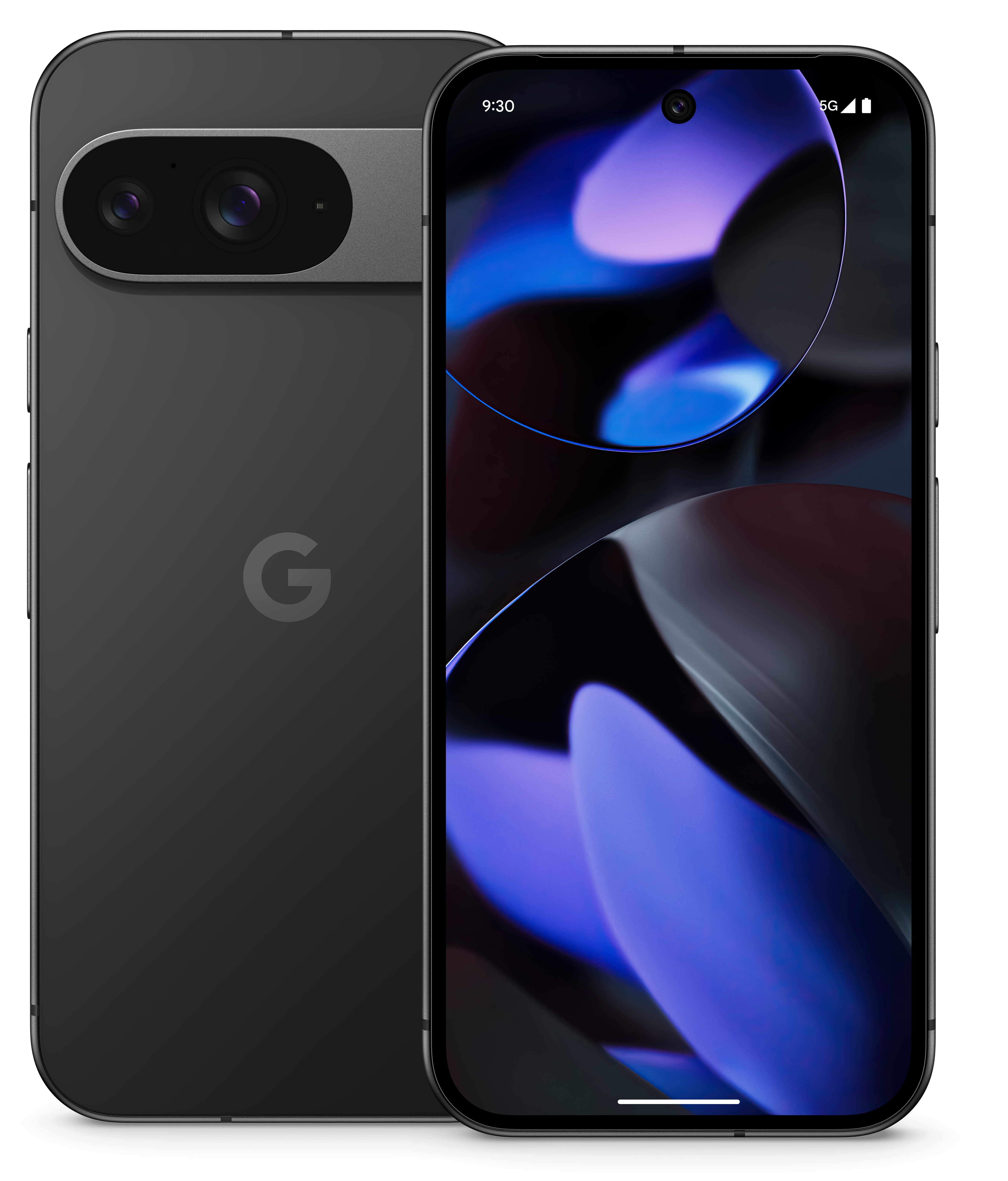 Schwarzes Smartphone, Vorder- und Rückansicht. Dualkamera, großer Bildschirm.