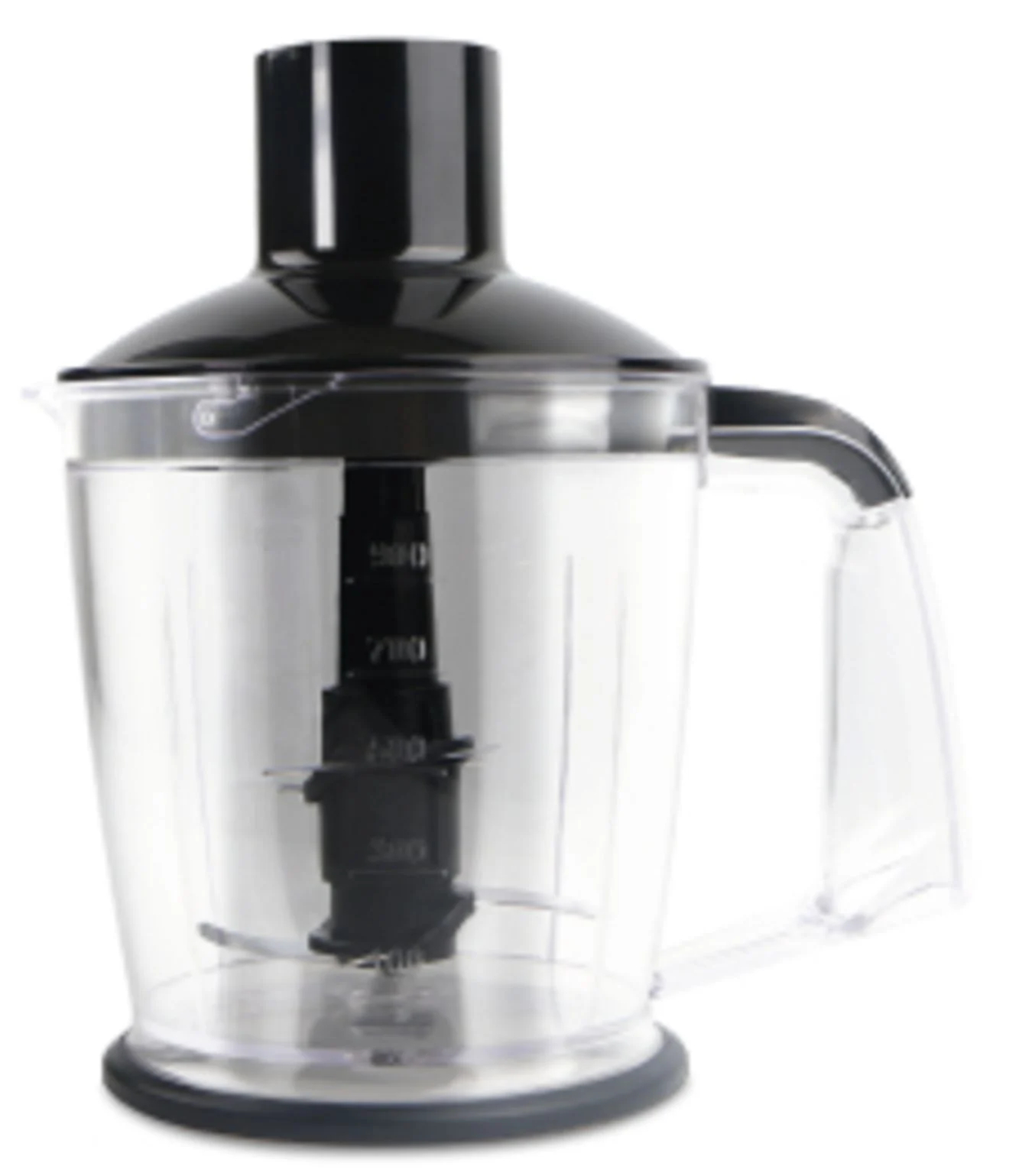 Przezroczysty dzbanek blendera z czarną pokrywą i uchwytem. Widoczne ostrze.