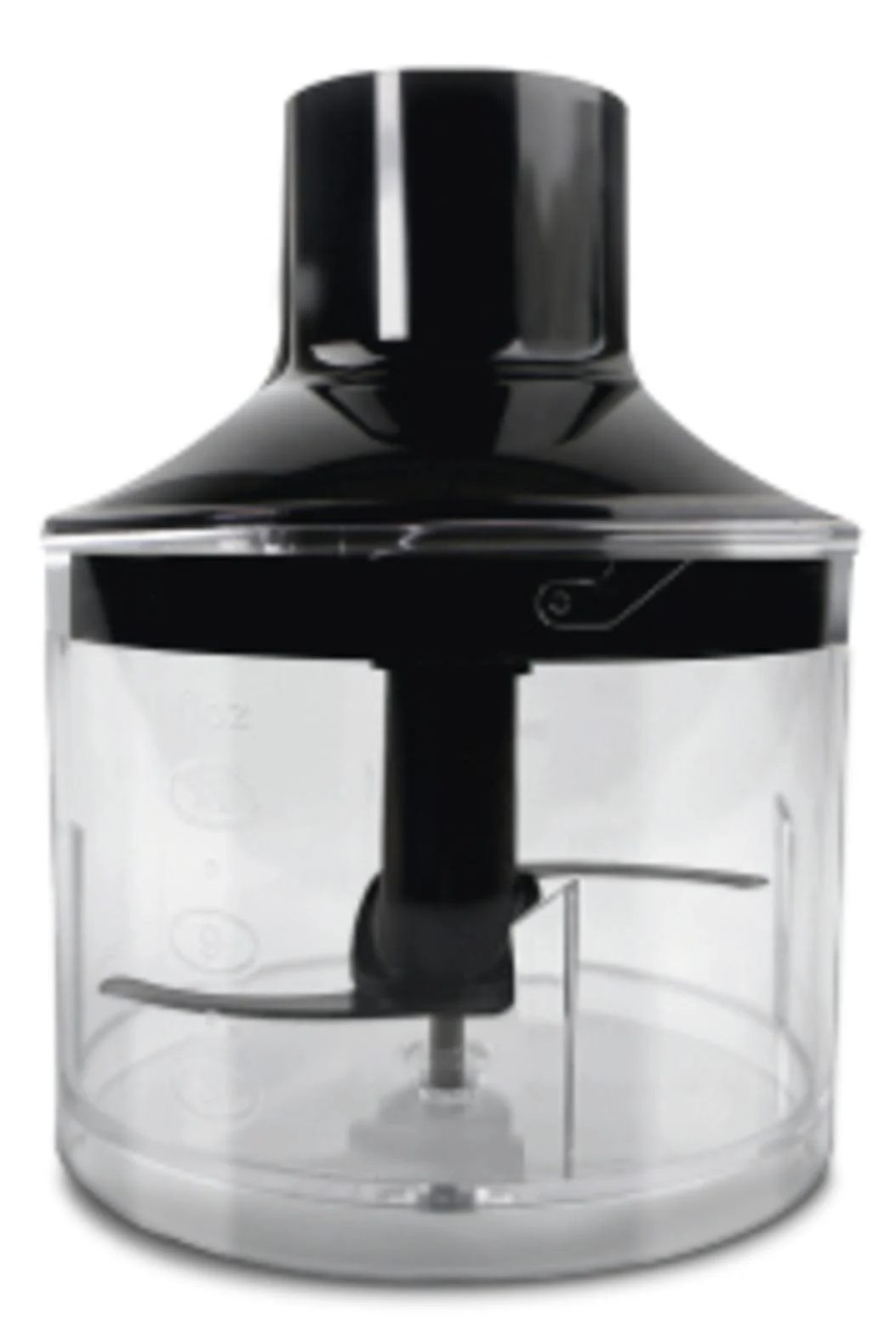 Końcówka blendera zanurzeniowego. Przezroczysty pojemnik z ostrzami, czarna góra.