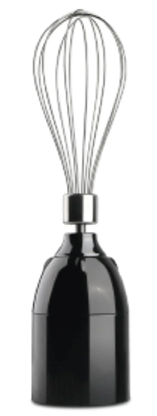 Czarny mikser ręczny ze srebrną końcówką do ubijania. Tło jest gładkie białe.