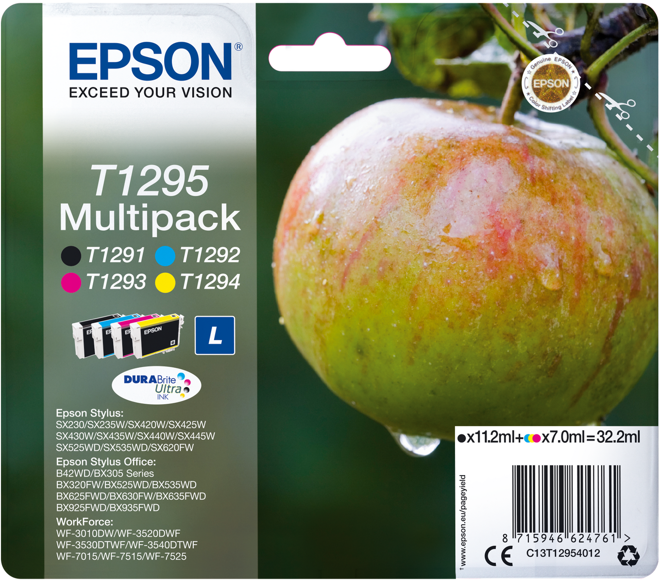 EPSON T1295 DuraBrite Ultra 4 színű tintapatron csomag, 11,2 ml + 3x7 ml, (C13T12954012)