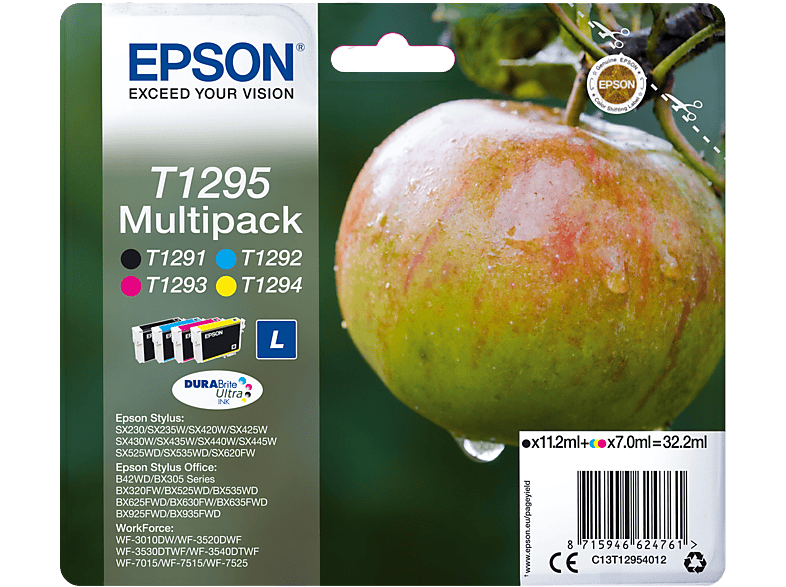 EPSON T1295 DuraBrite Ultra 4 színű tintapatron csomag, 11,2 ml + 3x7 ml, (C13T12954012)