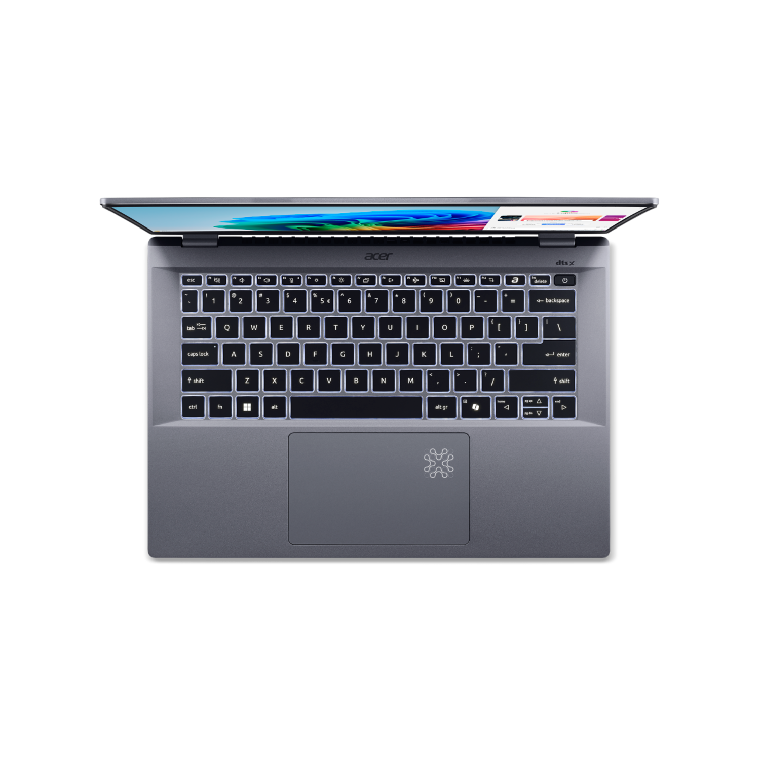 Laptop, top view, open. Silver keyboard, black frame. Acer brand.