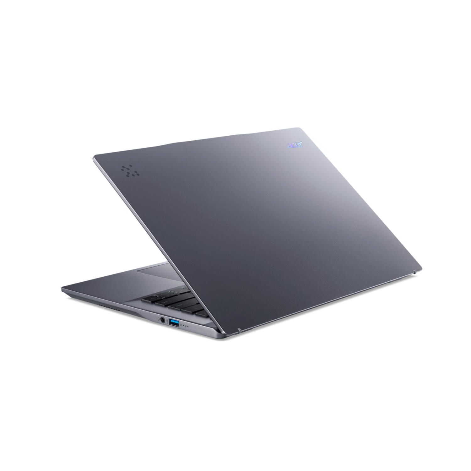Laptop back view, grey color. The top is open, showing the screen. Black background.