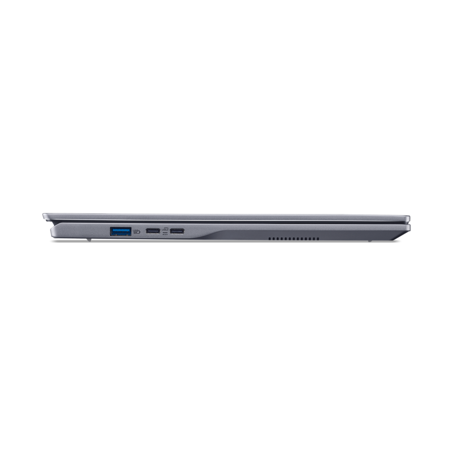 Side view of a laptop, showing ports and a closed lid. Black background.