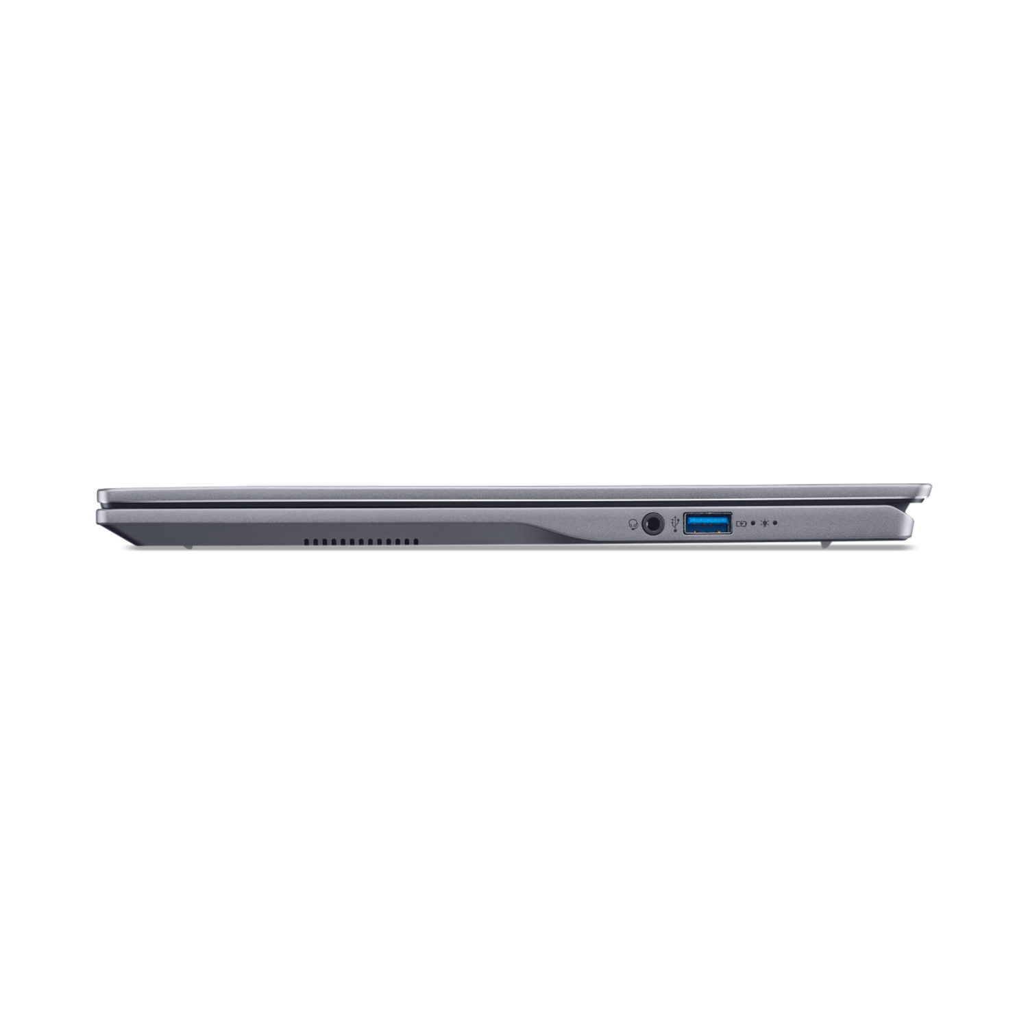Side view of a gray laptop with ports on one side. It is on a black background.