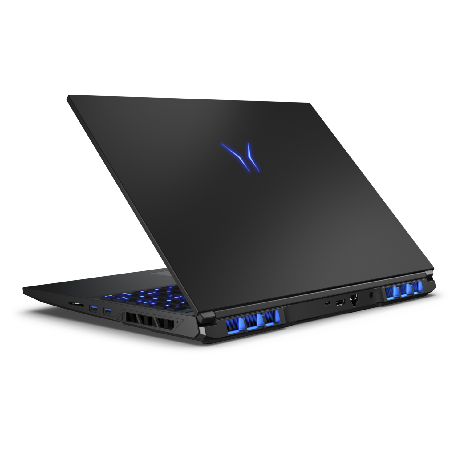 Back view of an open black Erazer laptop. The blue backlit keyboard is visible, and the lid is open.