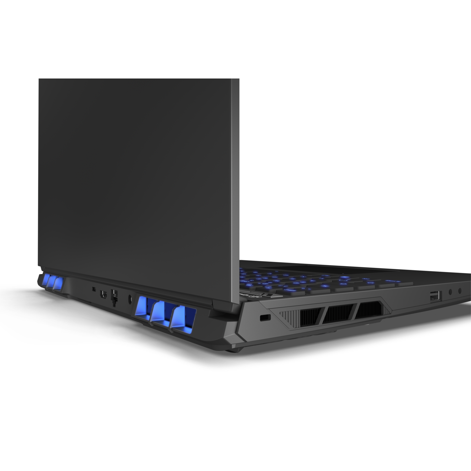 Gaming laptop, side view with blue lights.