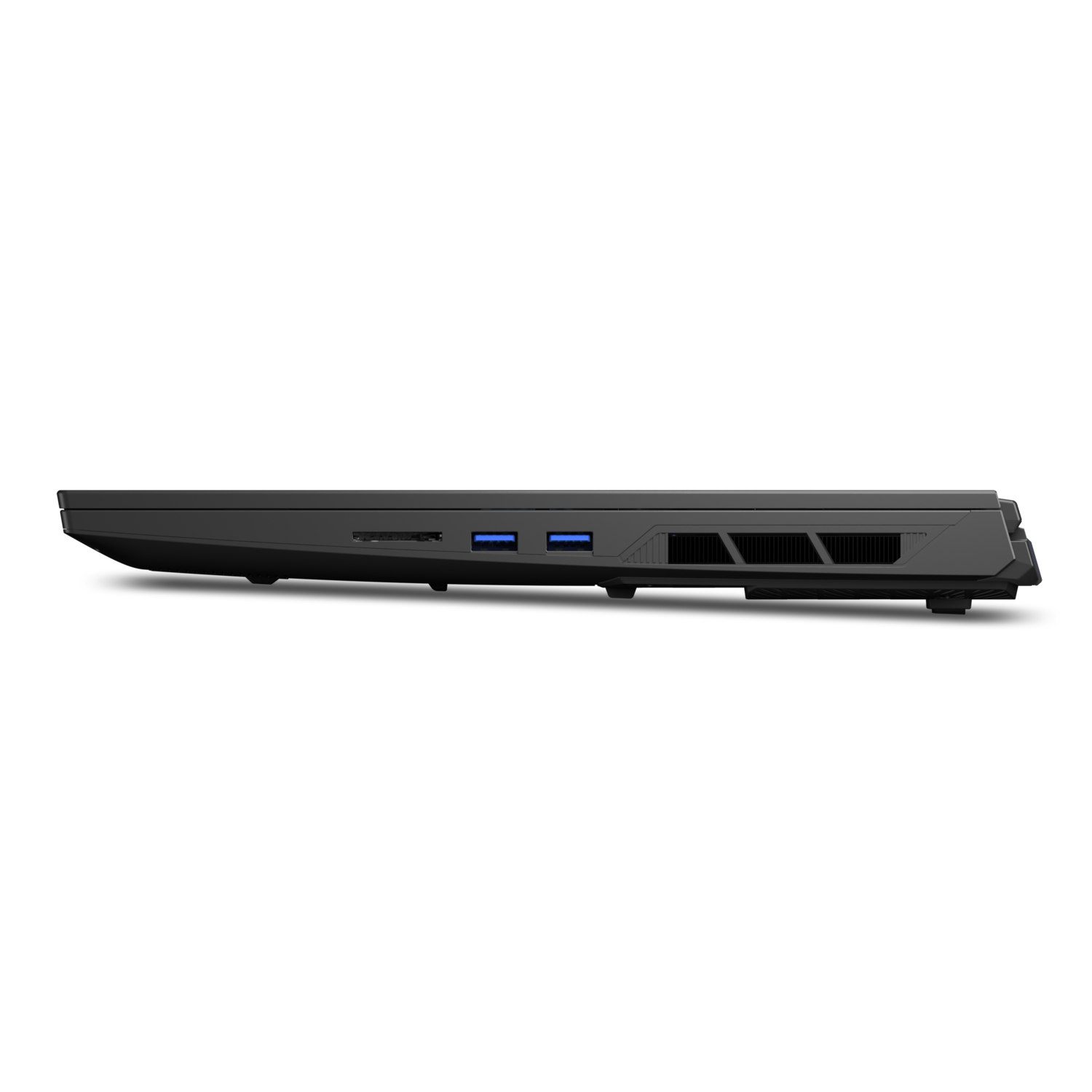 Side view of a dark grey laptop with two USB ports and a side vent, black background.