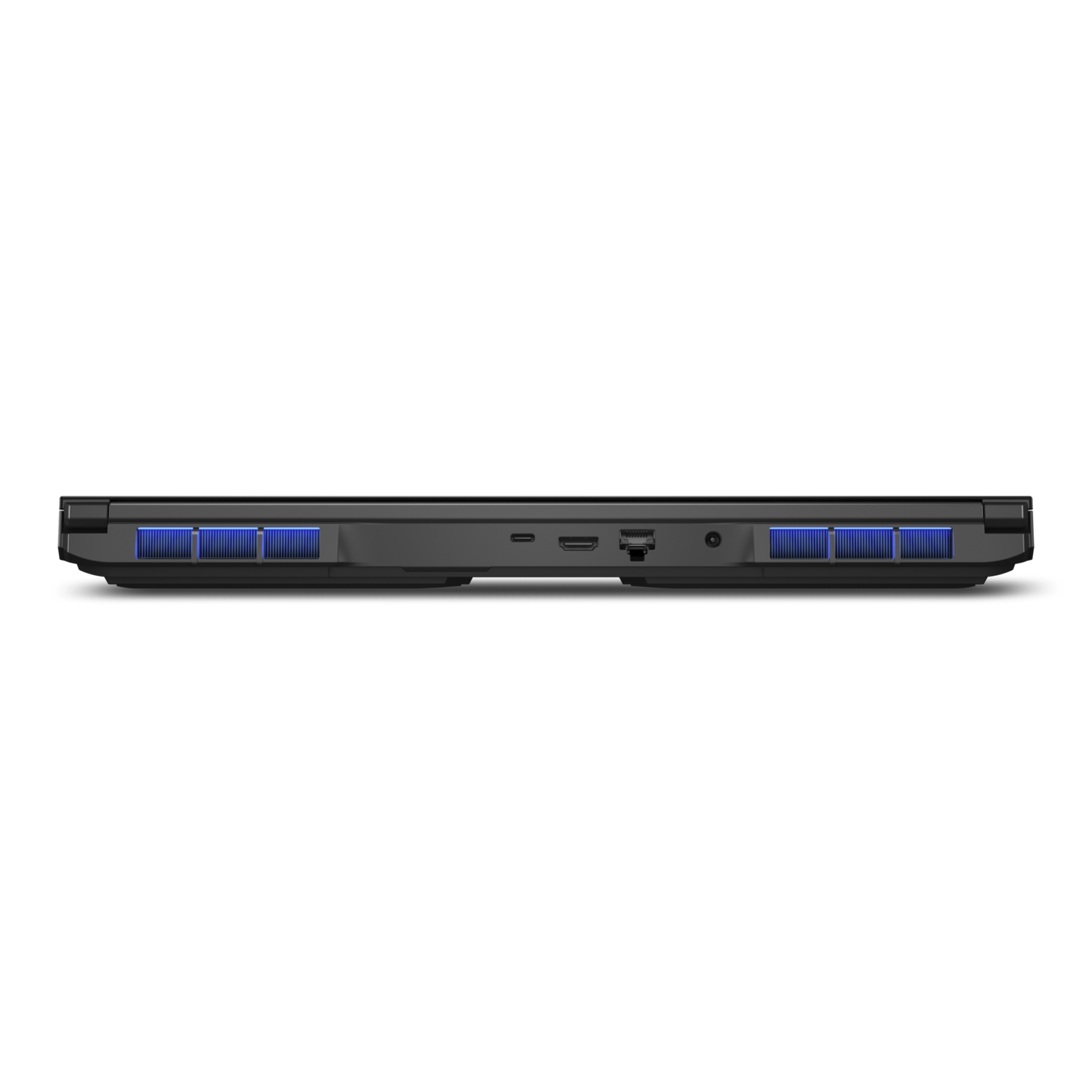 Laptop bottom view: black with blue vents, ports visible. Against black background.