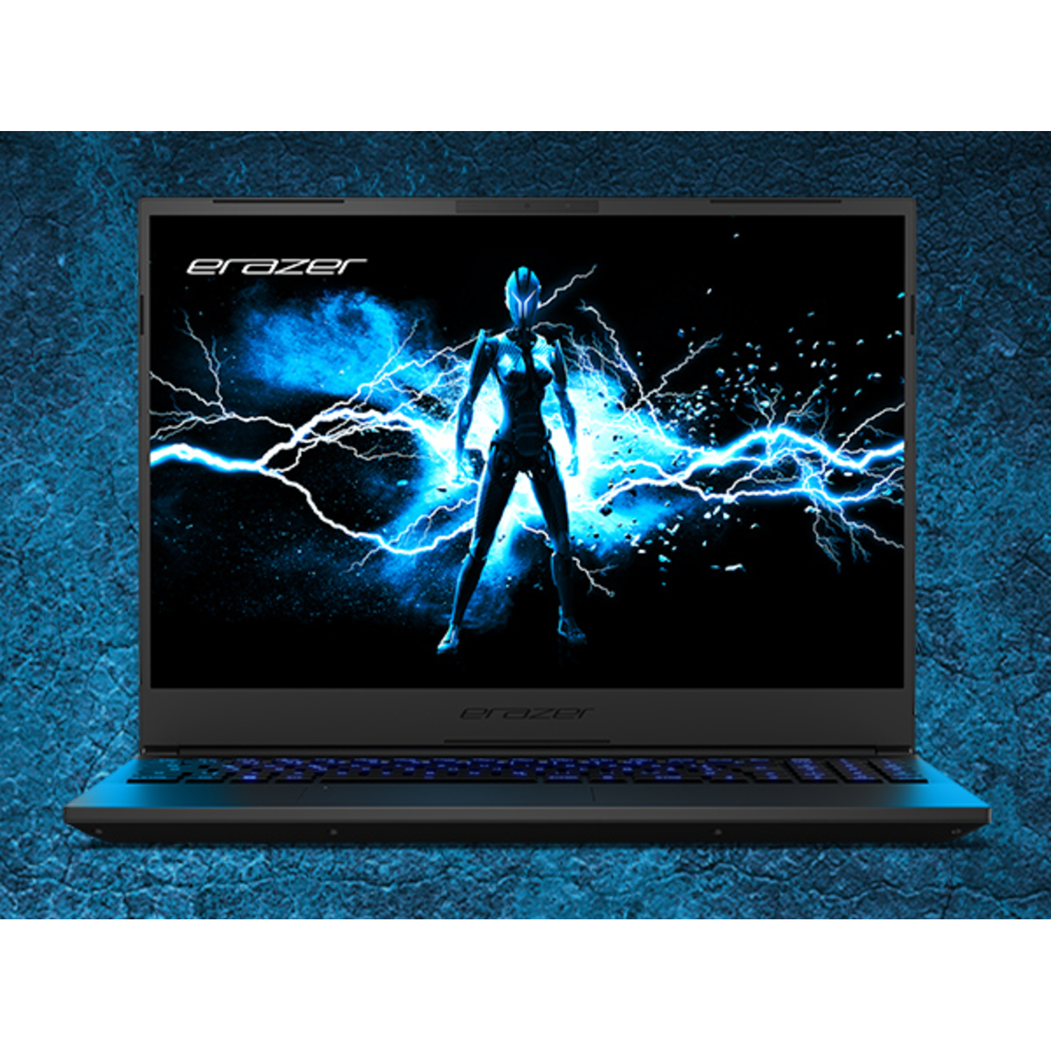 Open black Erazer laptop with blue backlit keyboard. The screen displays a futuristic graphic.