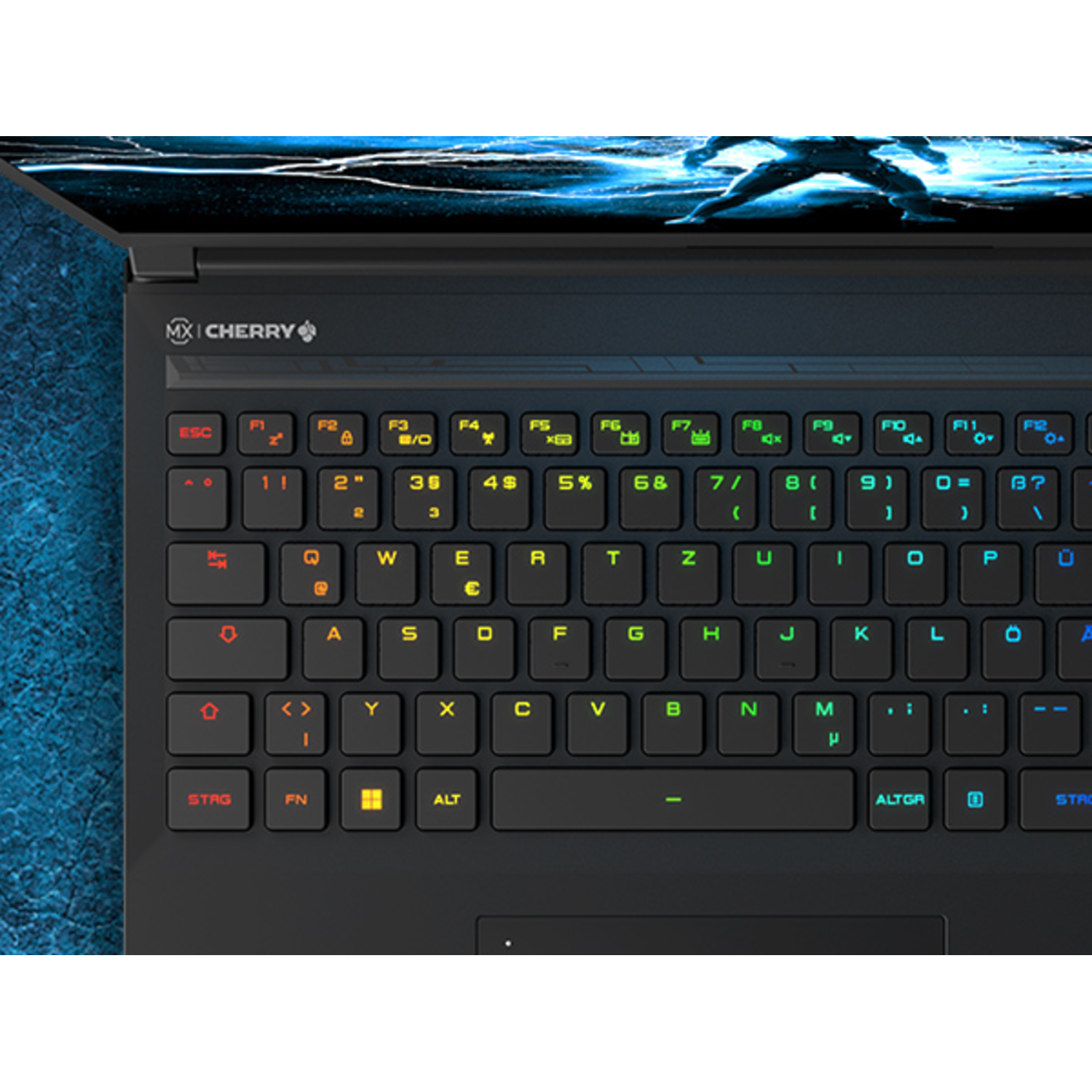 Close-up of a laptop keyboard. The keyboard is black, with colorful keys and a logo.
