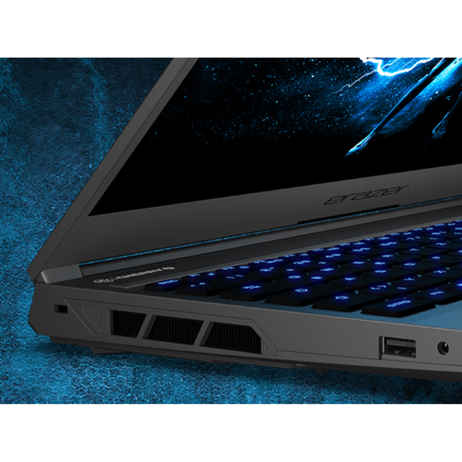 Laptop detail with lit blue keyboard, vents, and a black background.
