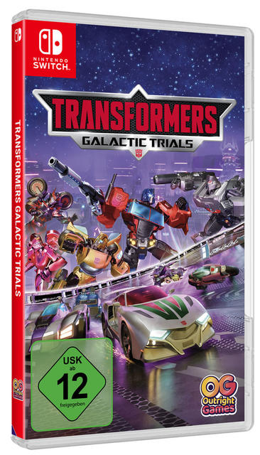 Ein Nintendo Switch Spielcase. Das Cover zeigt Zeichentrickfiguren und den Titel: Transformers Galactic Trials.