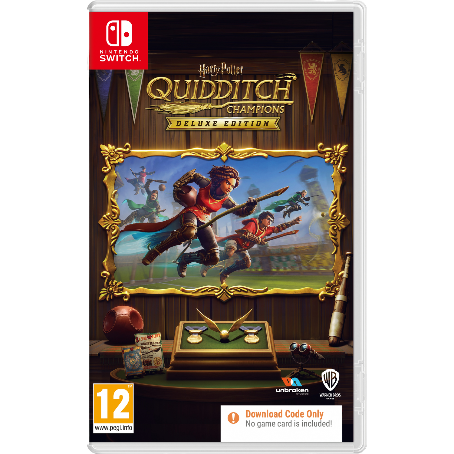 Nintendo Switch gamebox: Harry Potter Quidditch Champions Deluxe Edition, met Quidditch scène.