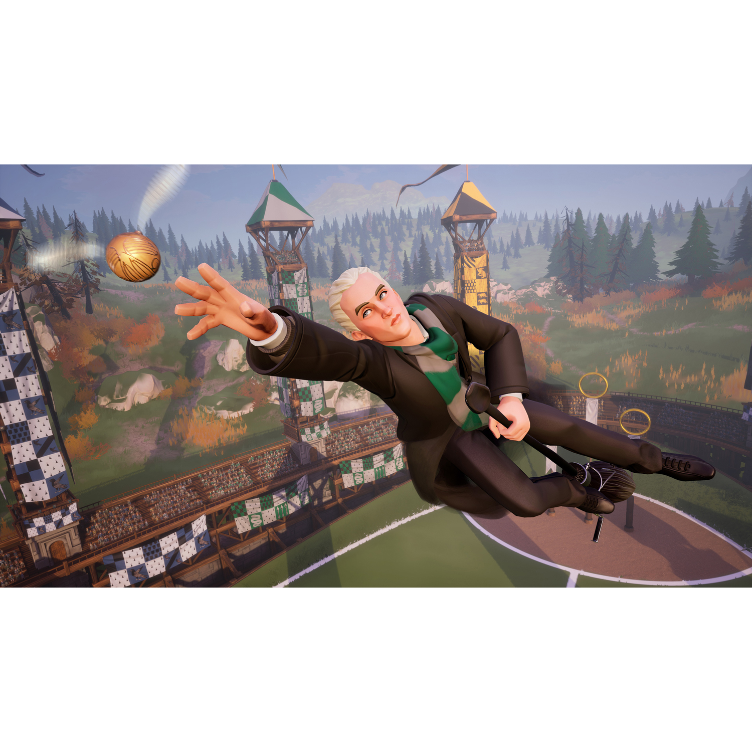 Een videogame scène. Een jongen in gewaden grijpt naar een gouden bal op een bezem.