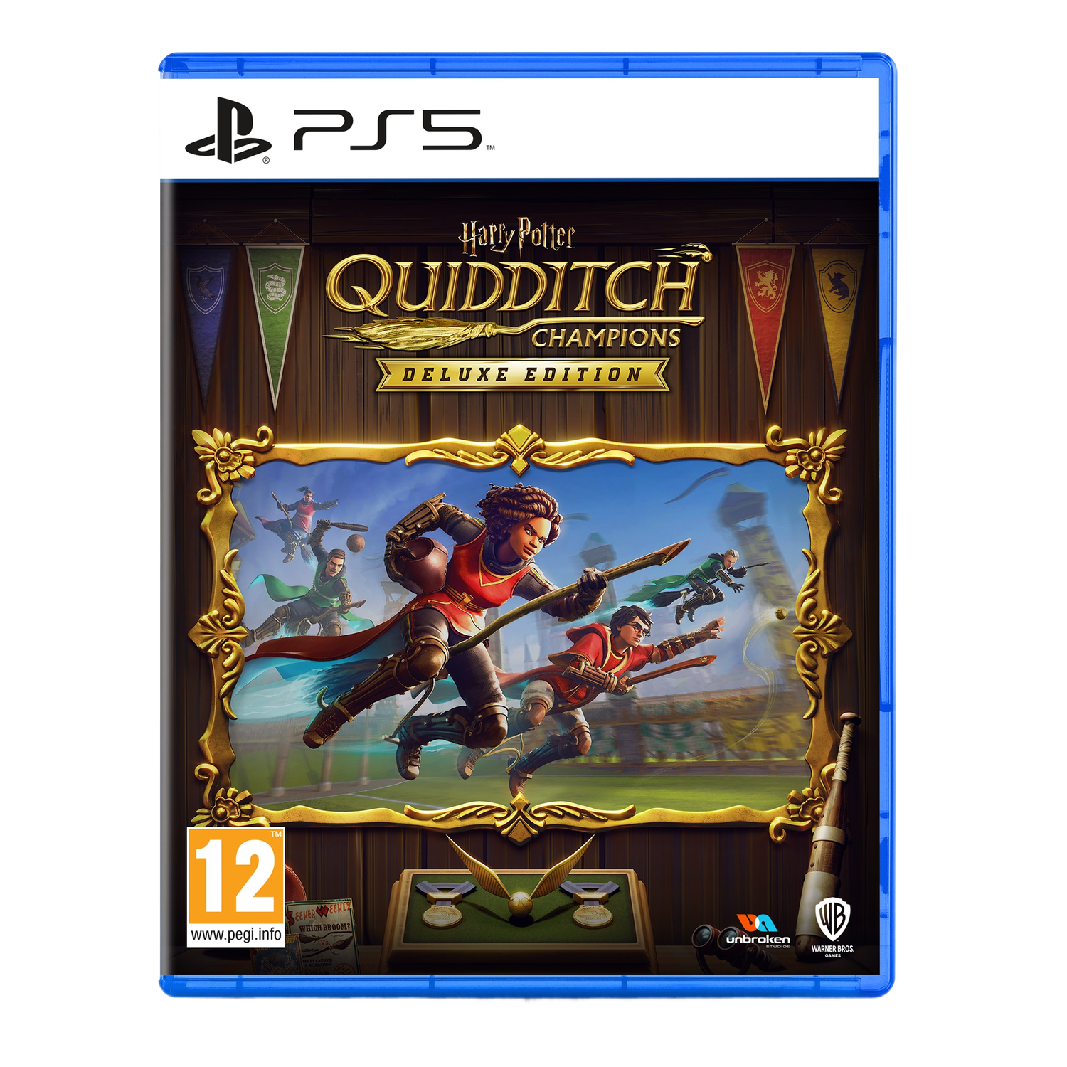 Harry Potter Quidditch game cover. Spelers op bezems op een veld met gouden frame en PS5 logo.