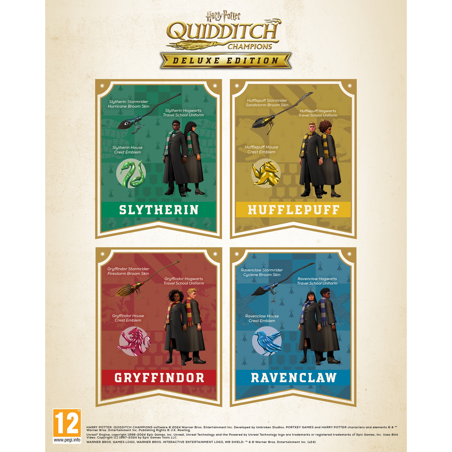 Harry Potter Quidditch Champions Deluxe Edition box art met huistekens en personages.