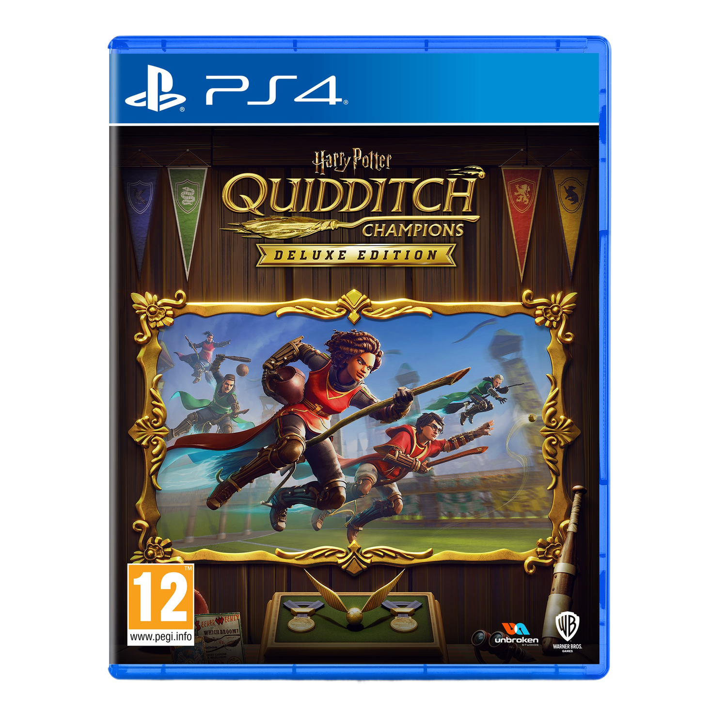 PS4 game cover: 'Harry Potter: Quidditch Champions' Deluxe Edition. Spelers op bezems. Gouden frame.