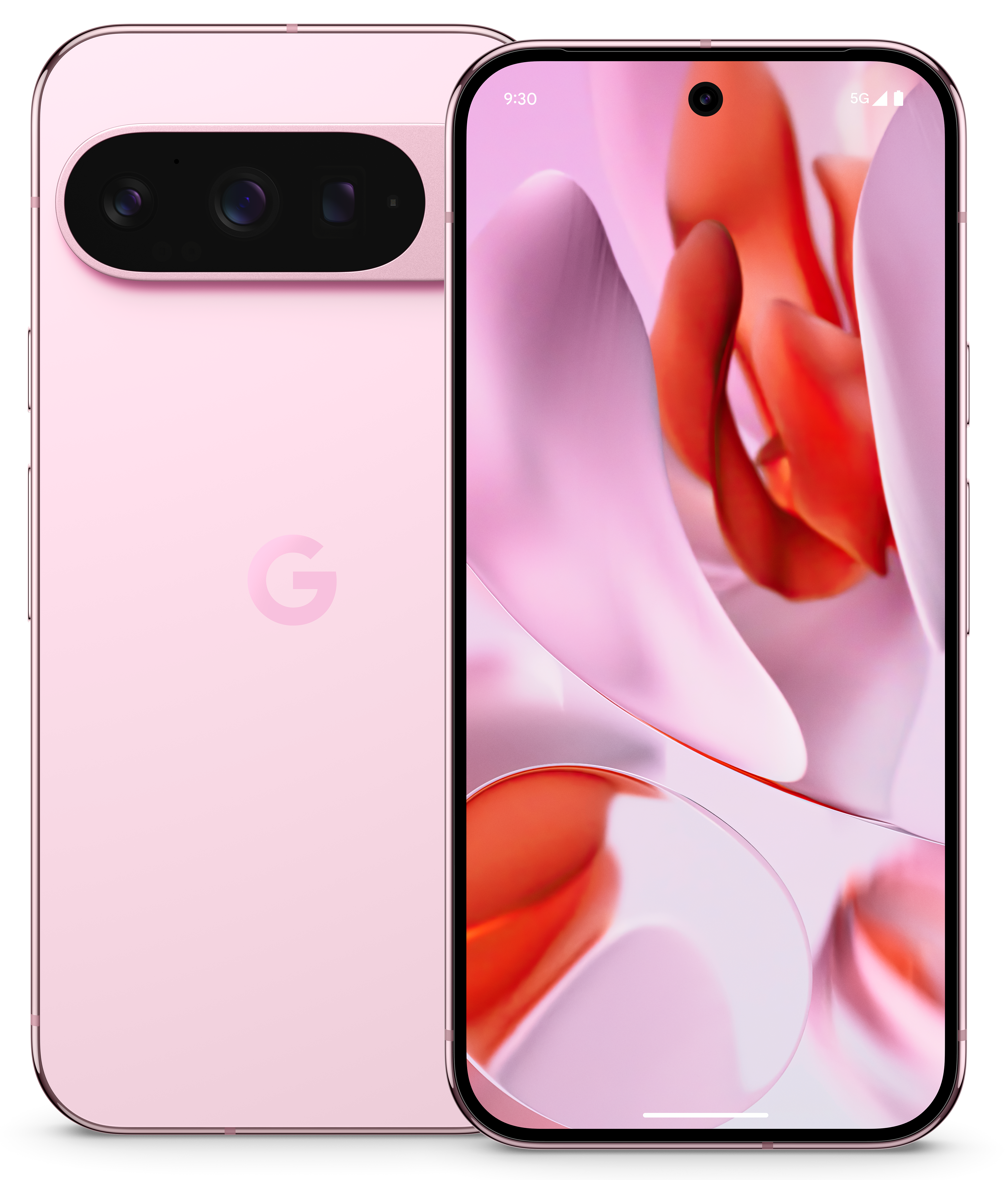 Rosa Telefon mit zwei Rückkameras, einer Frontkamera und einem G-Logo.