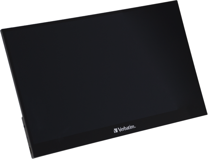 Un tablet Verbatim nero su sfondo nero, leggermente angolato. Il logo Verbatim è visibile in basso.