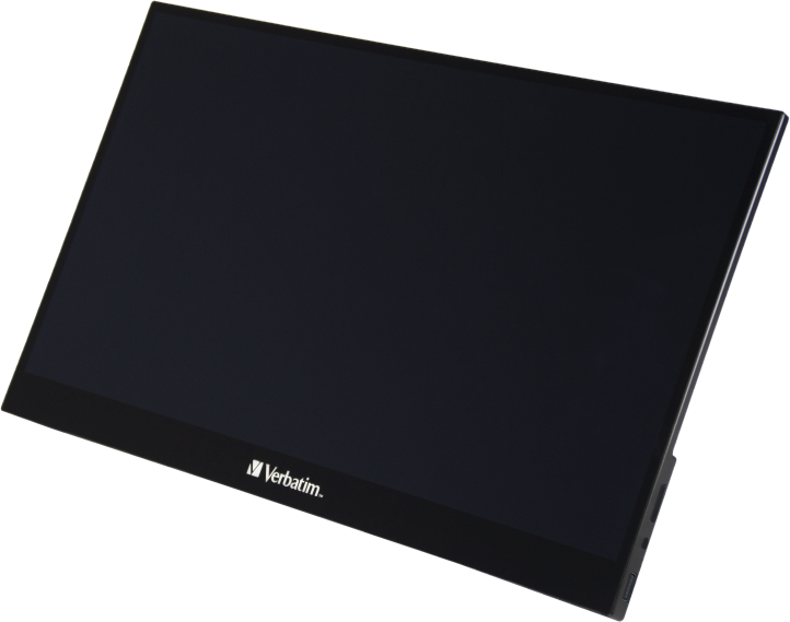 Tablet nero con schermo nero, vista angolata, su sfondo nero.