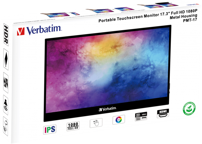 Una scatola del monitor touchscreen portatile Verbatim. Mostra il monitor e le caratteristiche.