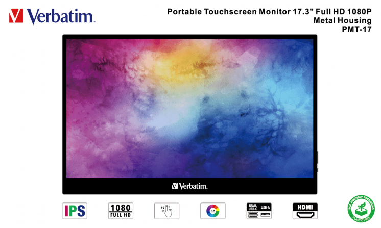 Un monitor touchscreen portatile Verbatim. Mostra un'immagine astratta colorata. Include icone per le funzioni.