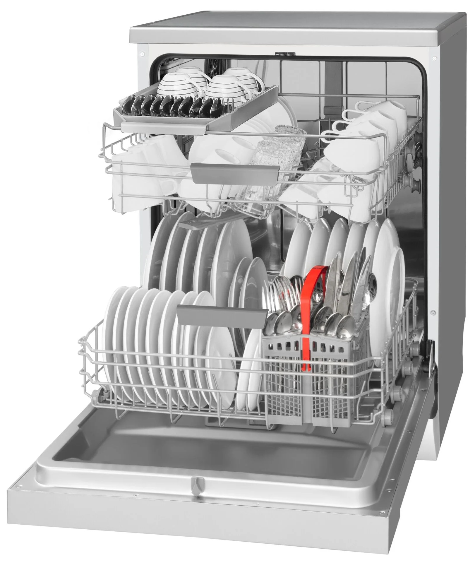 Zmywarka z otwartymi drzwiami, wypełniona naczyniami, kubkami i sztućcami.