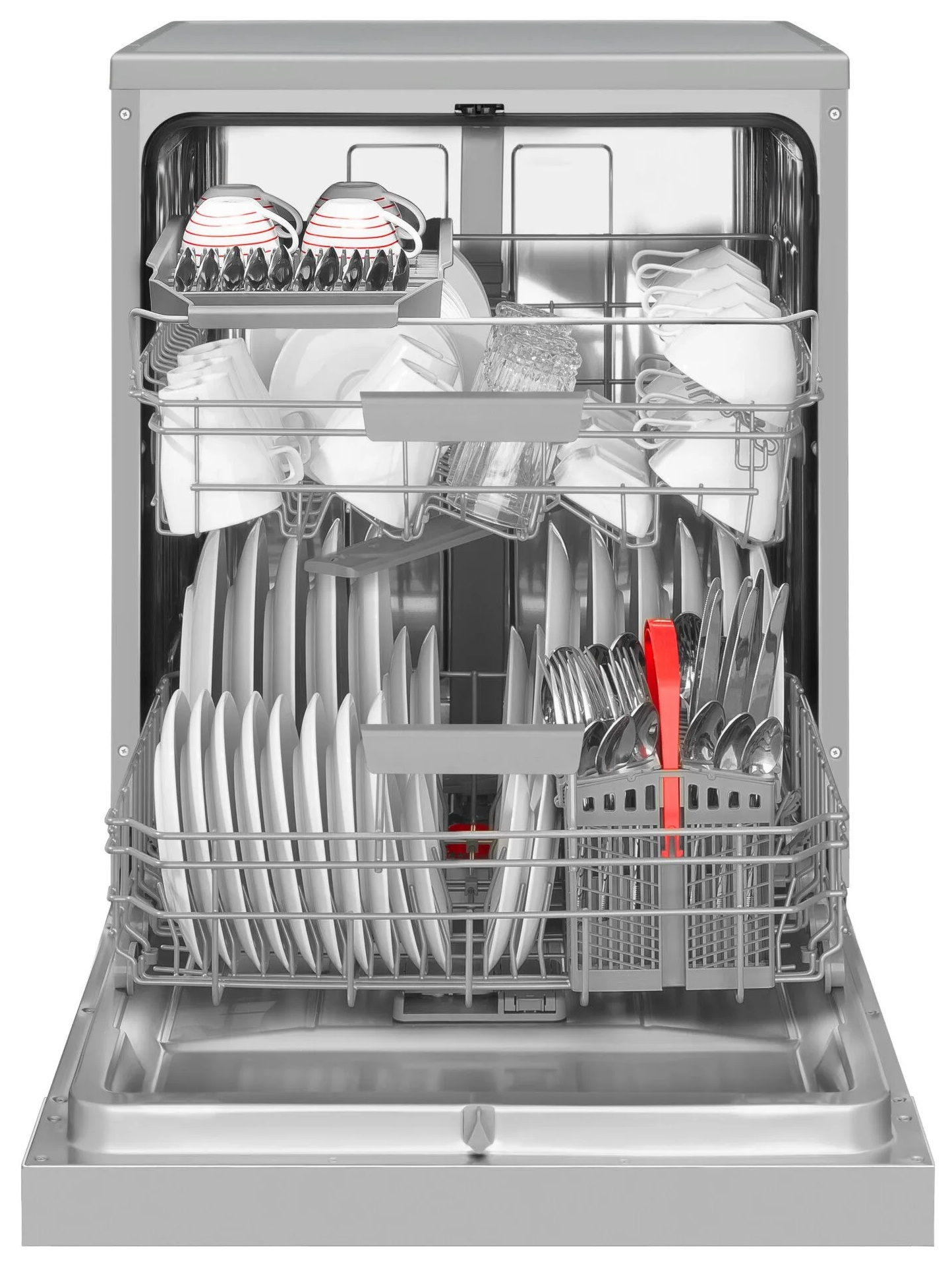 Zmywarka wypełniona czystymi naczyniami, w tym talerzami, szklankami i sztućcami.