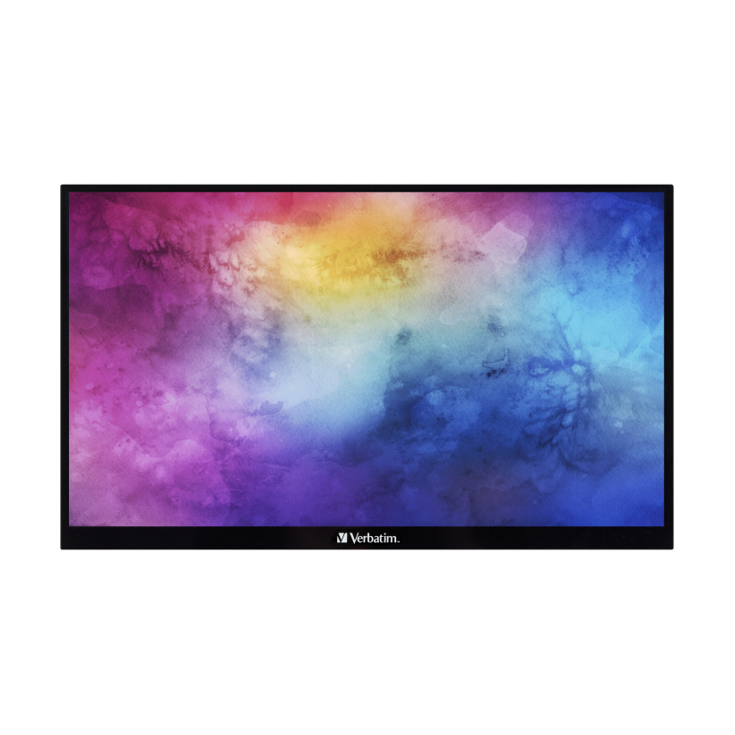 Verbatim Monitor. Bunter Hintergrund mit lila, blau, gelb und rosa Farbtönen. Schwarzer Rahmen und Verbatim Logo.