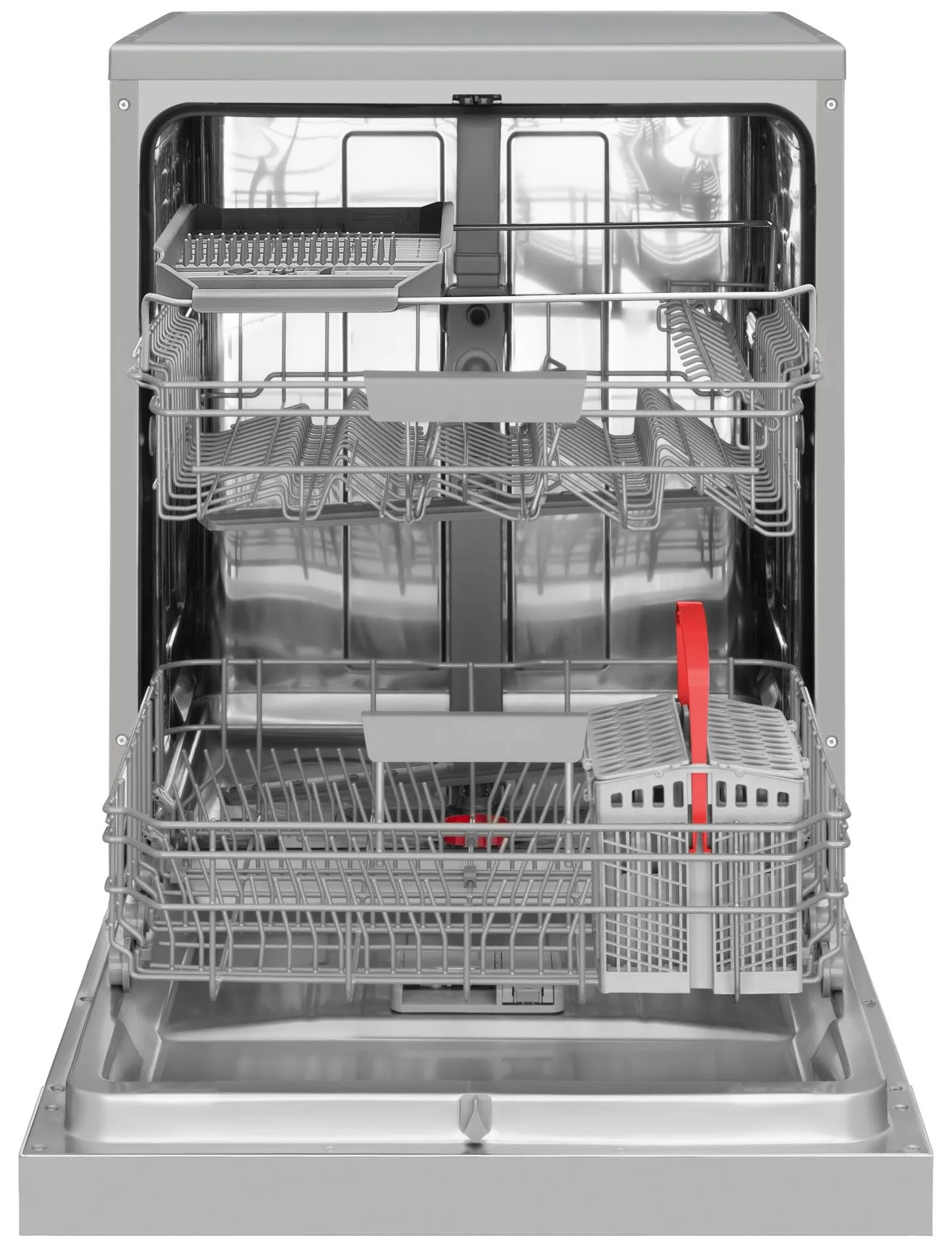 Wnętrze zmywarki z koszami na naczynia.