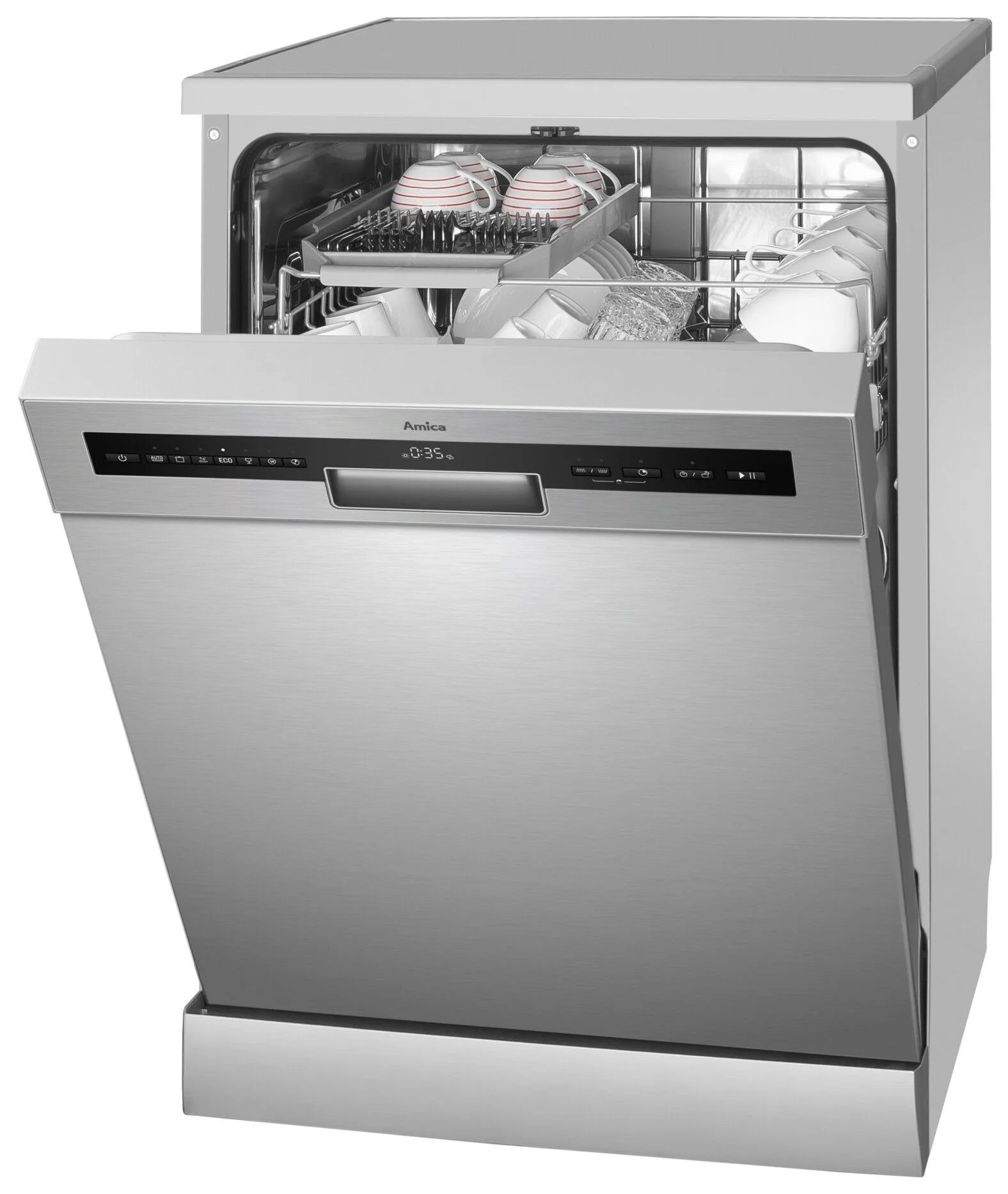 Srebrna zmywarka z otwartymi drzwiami, widoczne kosze i naczynia.