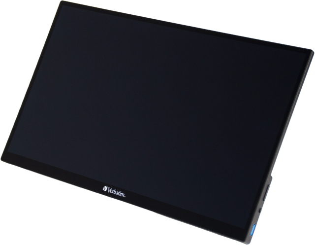 Ein schwarzer Computermonitor, leicht angewinkelt, mit dunklem Bildschirm und Verbatim-Logo. Schwarzer Hintergrund.
